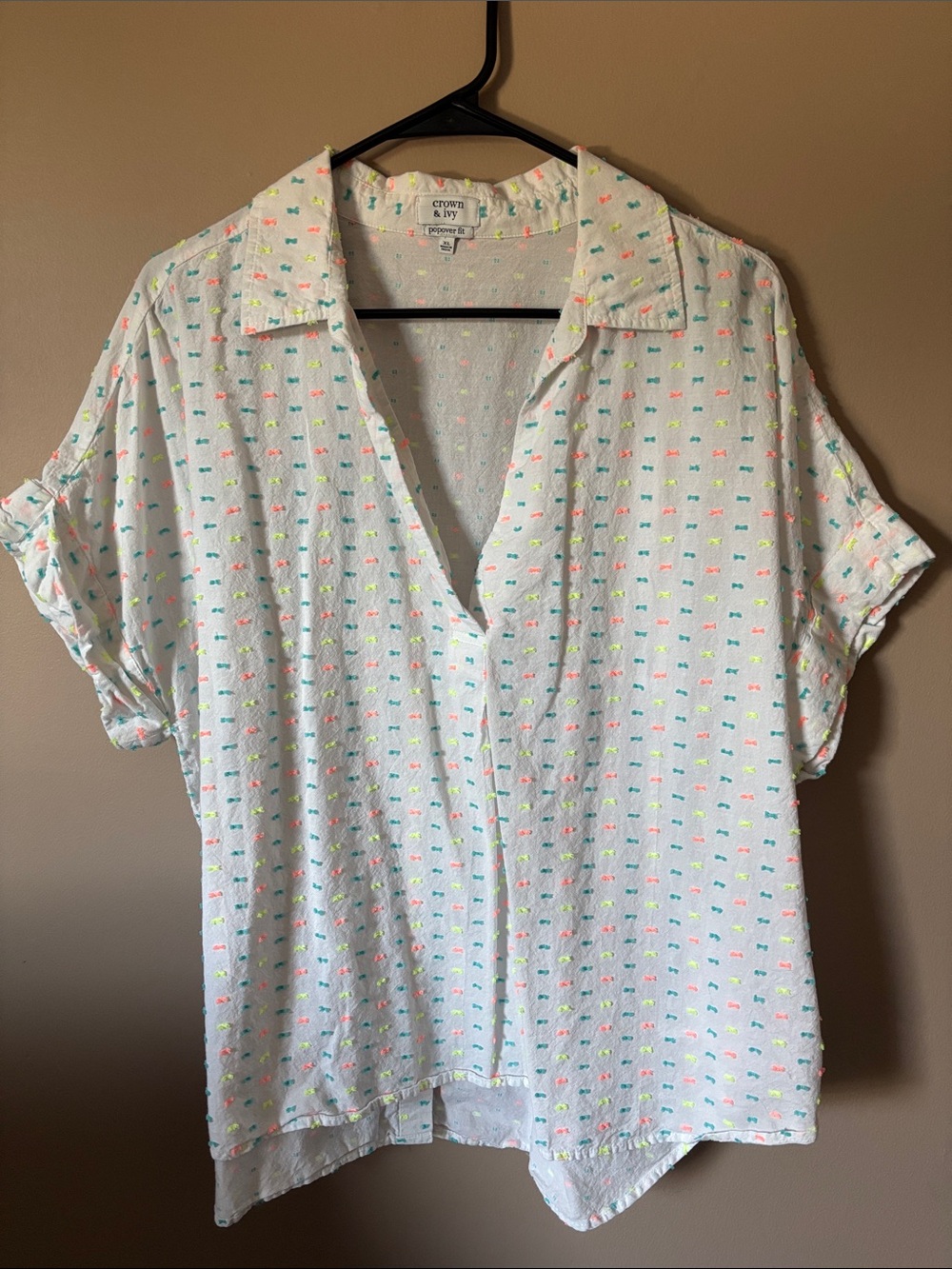 crown & ivy White Short-Sleeve Button-Up Top with Neon Dot Print